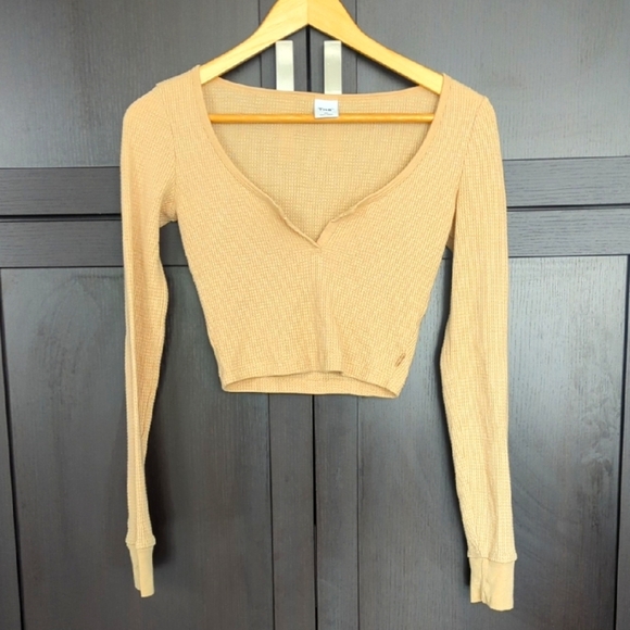 Aritzia Tna Tan Waffle Knit Ribbed Fitted Long Sleeve Crop Bodysuit-2XS Like New - Picture 2 of 4